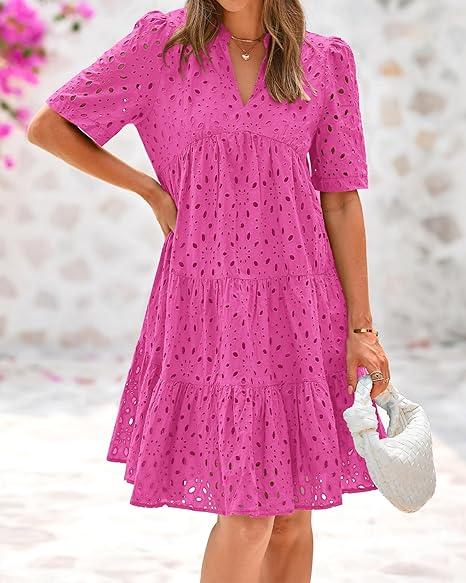 Women's Boho Lace Mini Dress V Neck Short Sleeve Hollow Out Ruffle Beach Vacation Summer Dress - Seldom Seen Styles