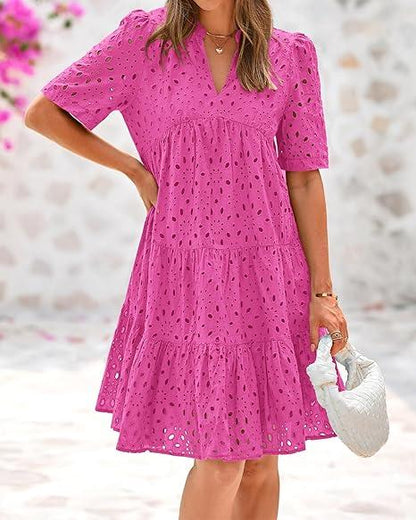Women's Boho Lace Mini Dress V Neck Short Sleeve Hollow Out Ruffle Beach Vacation Summer Dress