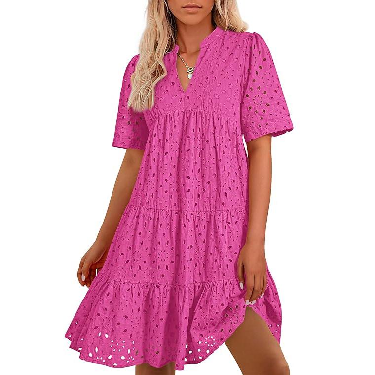 Women's Boho Lace Mini Dress V Neck Short Sleeve Hollow Out Ruffle Beach Vacation Summer Dress - Seldom Seen Styles