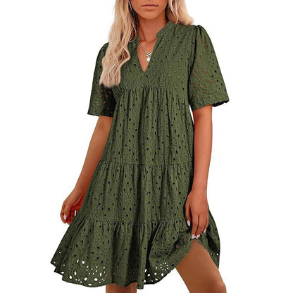 Women's Boho Lace Mini Dress V Neck Short Sleeve Hollow Out Ruffle Beach Vacation Summer Dress