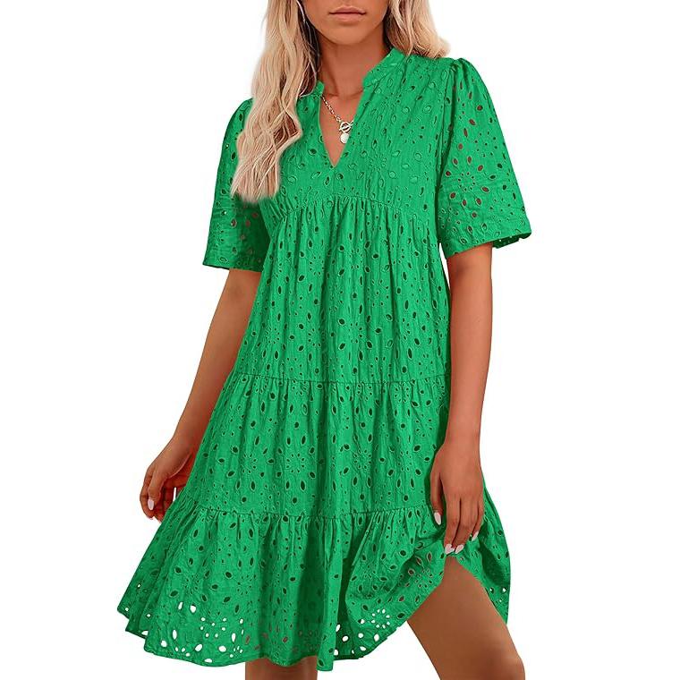 Women's Boho Lace Mini Dress V Neck Short Sleeve Hollow Out Ruffle Beach Vacation Summer Dress - Seldom Seen Styles