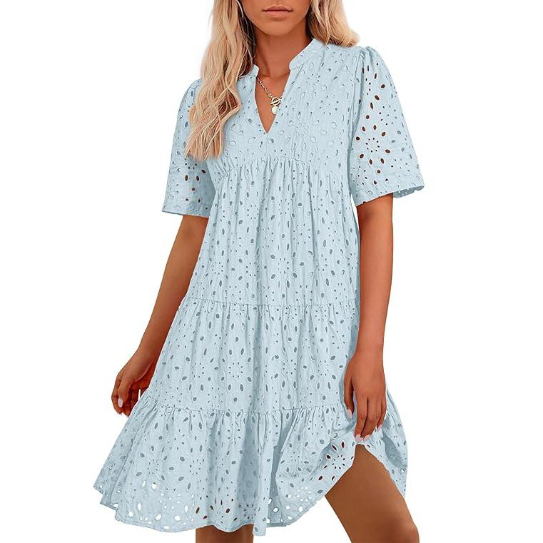 Women's Boho Lace Mini Dress V Neck Short Sleeve Hollow Out Ruffle Beach Vacation Summer Dress - Seldom Seen Styles