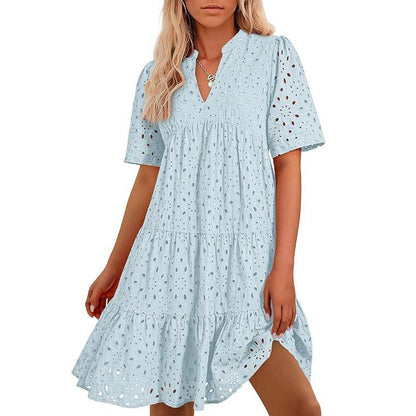 Women's Boho Lace Mini Dress V Neck Short Sleeve Hollow Out Ruffle Beach Vacation Summer Dress