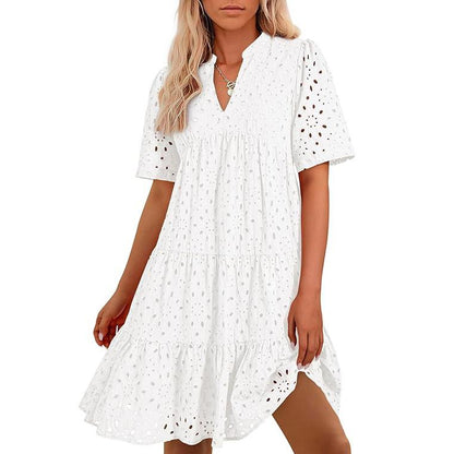 Women's Boho Lace Mini Dress V Neck Short Sleeve Hollow Out Ruffle Beach Vacation Summer Dress