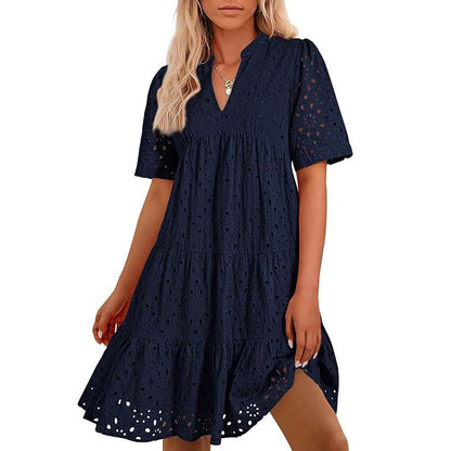 Women's Boho Lace Mini Dress V Neck Short Sleeve Hollow Out Ruffle Beach Vacation Summer Dress