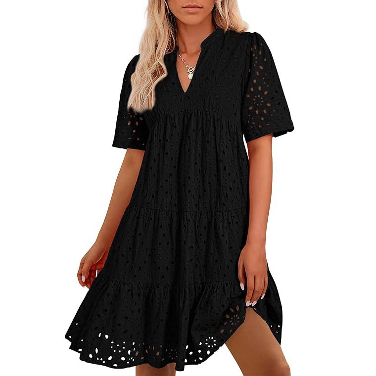 Women's Boho Lace Mini Dress V Neck Short Sleeve Hollow Out Ruffle Beach Vacation Summer Dress - Seldom Seen Styles