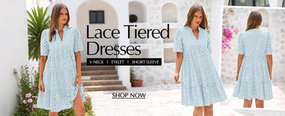 Women's Boho Lace Mini Dress V Neck Short Sleeve Hollow Out Ruffle Beach Vacation Summer Dress