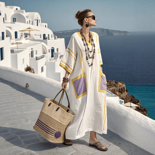 Women's Boho Linen Maxi Dress Oversized Kaftan Beach Cover Up Vacation Resort Dress - Seldom Seen Styles