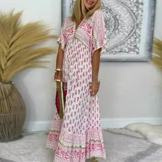 Women's Boho Print Maxi Dress Pink Floral Long Loose V-Neck Short Sleeve Summer Beach Casual Flowy Sundress - Seldom Seen Styles