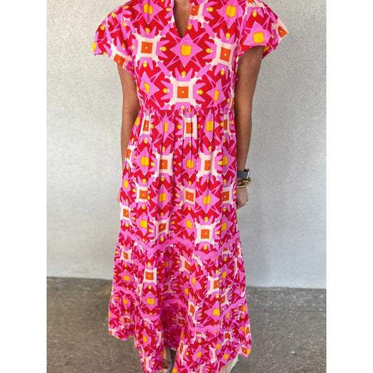 Women's Boho Print Maxi Dress V Neck Short Sleeve High Waist Summer Vacation Dress - Seldom Seen Styles