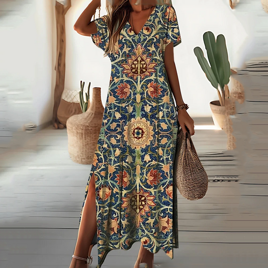 Women's Boho Print Maxi Dress V Neck Short Sleeve Split Casual Summer Dress - Seldom Seen Styles
