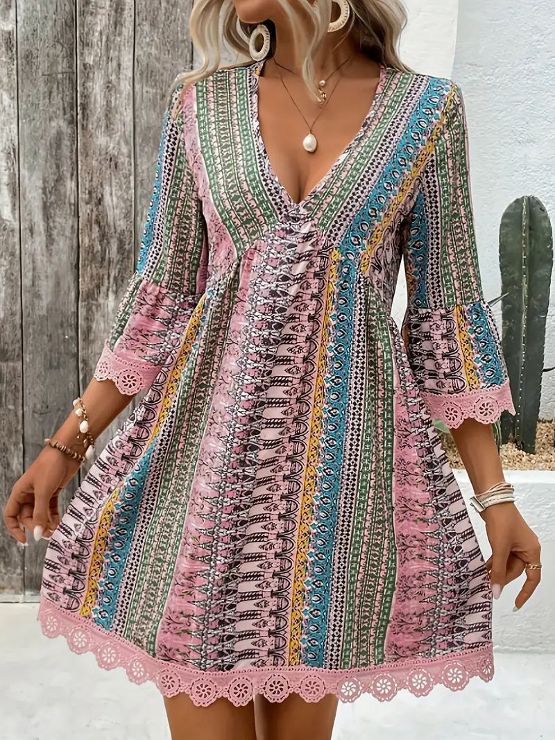 Women's Boho Print Mini Dress V Neck 3/4 Sleeve Lace Trim Casual Summer Beach Dress - Seldom Seen Styles