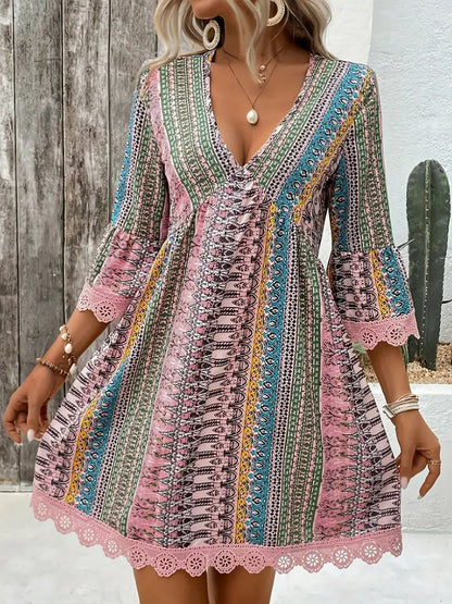 Women's Boho Print Mini Dress V Neck 3/4 Sleeve Lace Trim Casual Summer Beach Dress