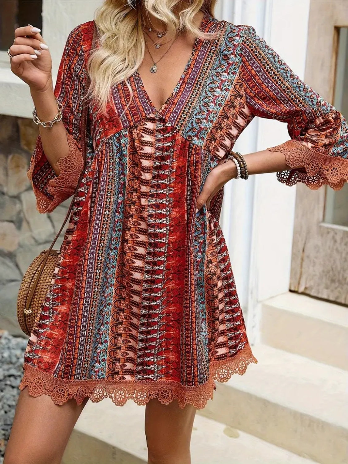 Women's Boho Print Mini Dress V Neck 3/4 Sleeve Lace Trim Casual Summer Beach Dress - Seldom Seen Styles