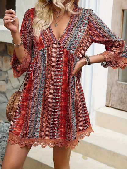 Women's Boho Print Mini Dress V Neck 3/4 Sleeve Lace Trim Casual Summer Beach Dress