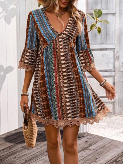 Women's Boho Print Mini Dress V Neck 3/4 Sleeve Lace Trim Casual Summer Beach Dress - Seldom Seen Styles