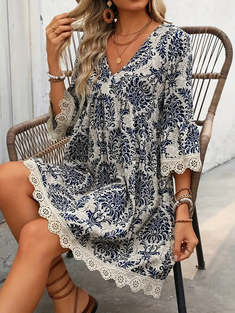 Women's Boho Print Mini Dress V Neck 3/4 Sleeve Lace Trim Casual Summer Beach Dress - Seldom Seen Styles