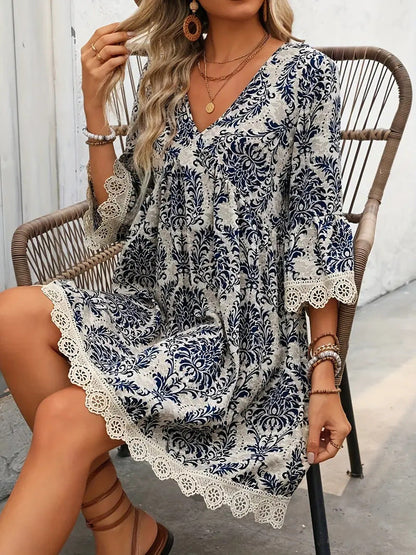Women's Boho Print Mini Dress V Neck 3/4 Sleeve Lace Trim Casual Summer Beach Dress