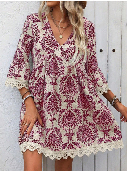 Women's Boho Print Mini Dress V Neck 3/4 Sleeve Lace Trim Casual Summer Beach Dress