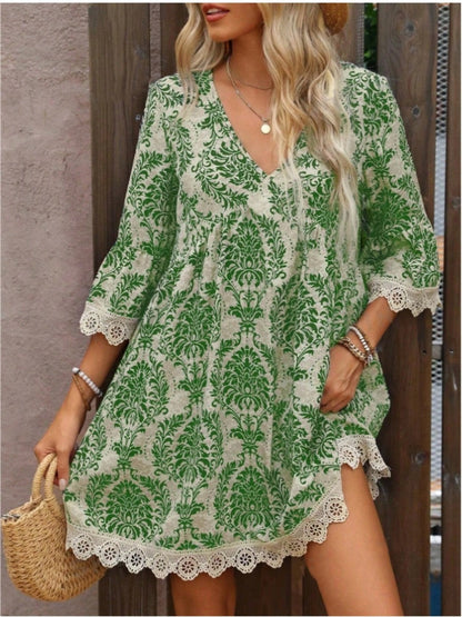 Women's Boho Print Mini Dress V Neck 3/4 Sleeve Lace Trim Casual Summer Beach Dress