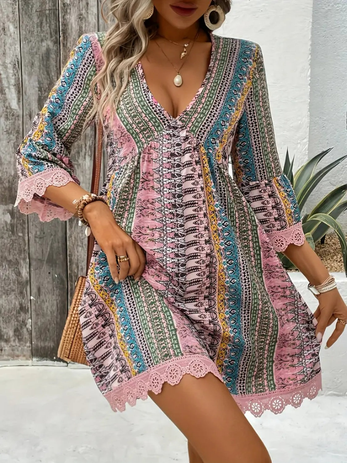 Women's Boho Print Mini Dress V Neck 3/4 Sleeve Lace Trim Casual Summer Beach Dress - Seldom Seen Styles