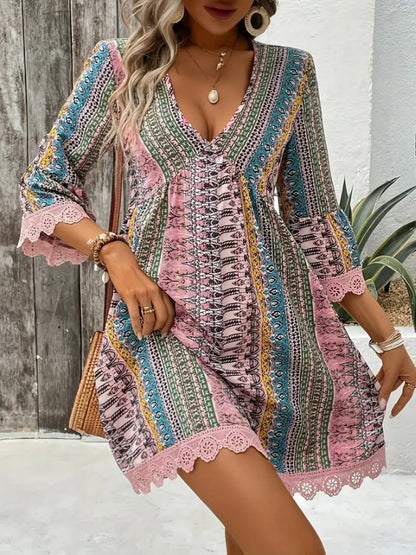 Women's Boho Print Mini Dress V Neck 3/4 Sleeve Lace Trim Casual Summer Beach Dress