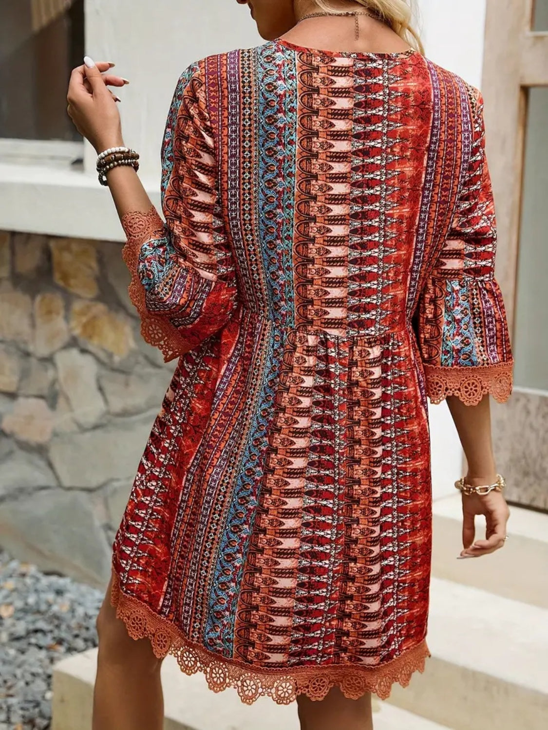 Women's Boho Print Mini Dress V Neck 3/4 Sleeve Lace Trim Casual Summer Beach Dress - Seldom Seen Styles