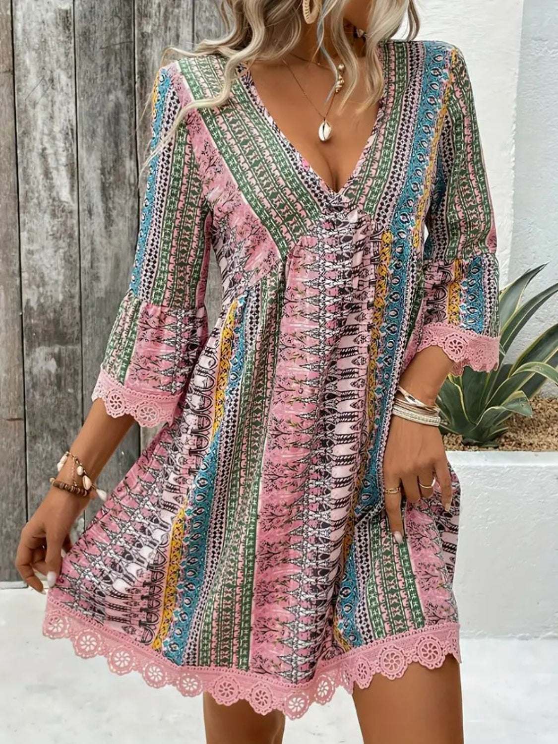Women's Boho Print Mini Dress V Neck 3/4 Sleeve Lace Trim Casual Summer Beach Dress - Seldom Seen Styles