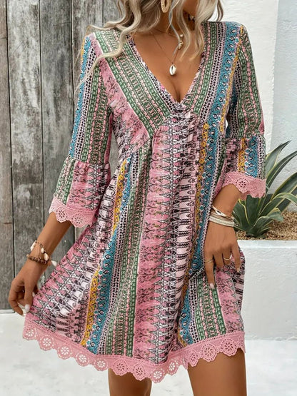 Women's Boho Print Mini Dress V Neck 3/4 Sleeve Lace Trim Casual Summer Beach Dress
