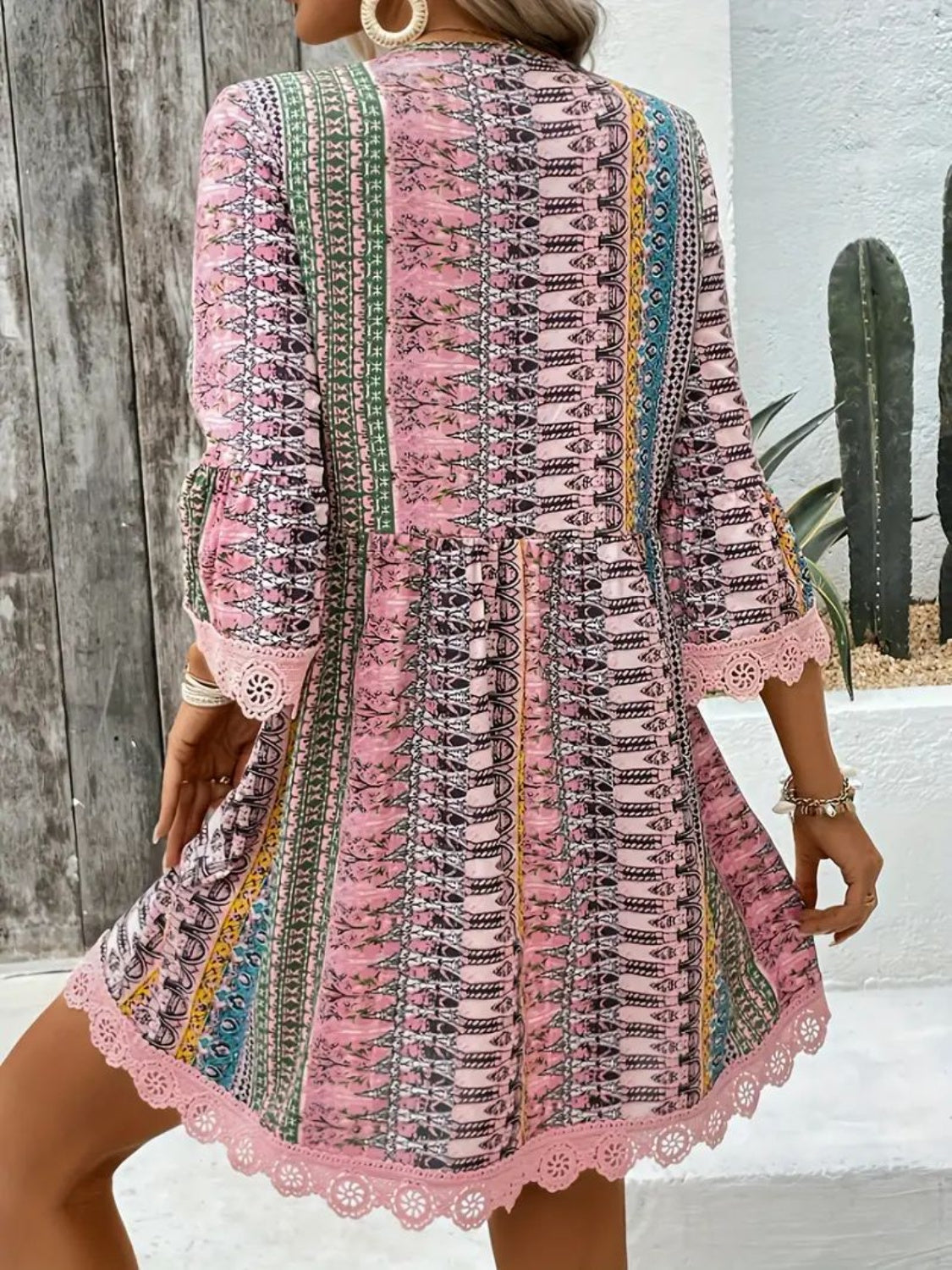 Women's Boho Print Mini Dress V Neck 3/4 Sleeve Lace Trim Casual Summer Beach Dress - Seldom Seen Styles