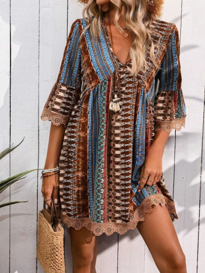 Women's Boho Print Mini Dress V Neck 3/4 Sleeve Lace Trim Casual Summer Beach Dress