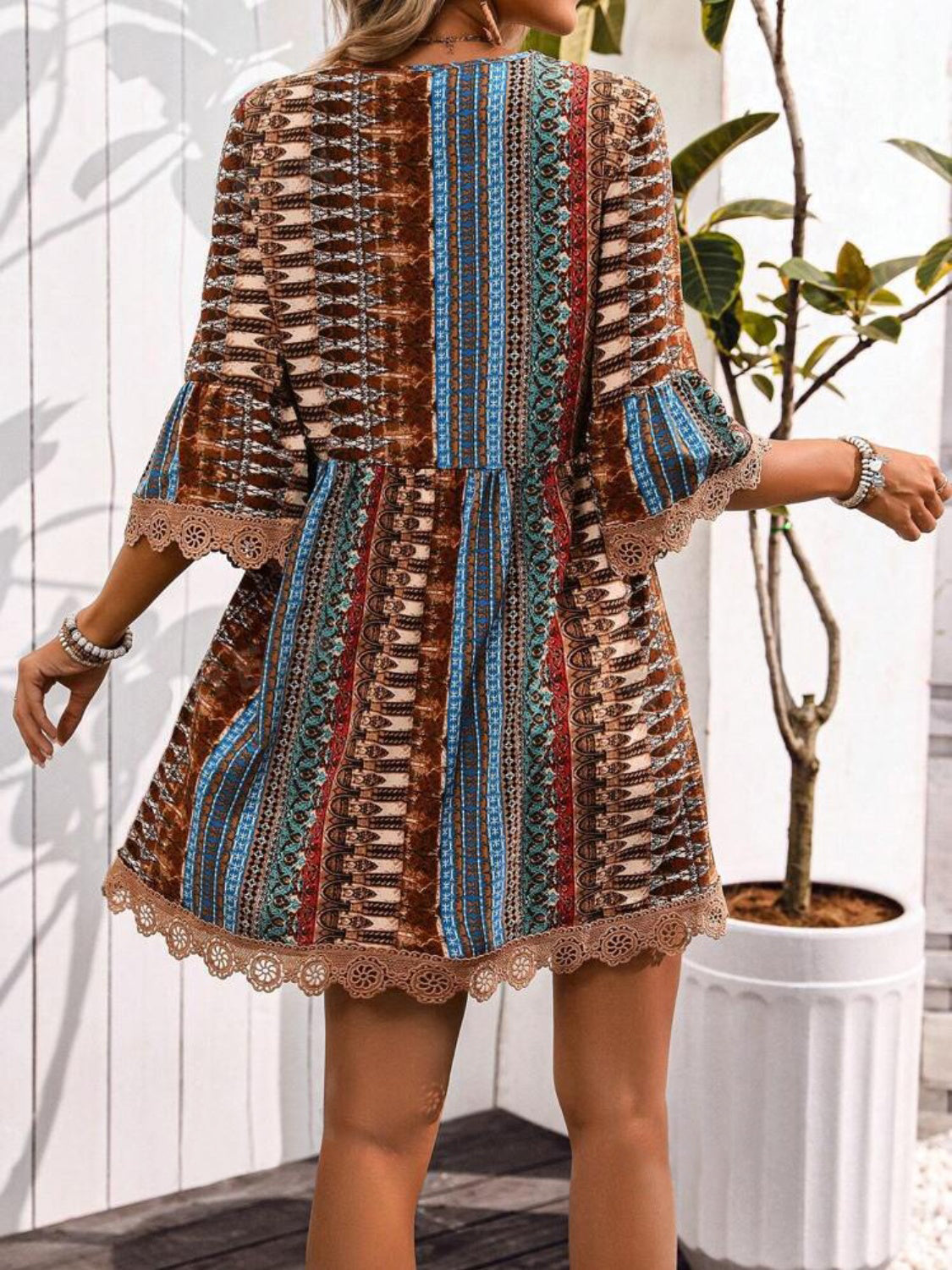 Women's Boho Print Mini Dress V Neck 3/4 Sleeve Lace Trim Casual Summer Beach Dress - Seldom Seen Styles