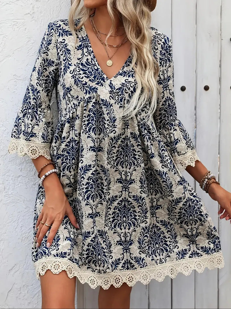 Women's Boho Print Mini Dress V Neck 3/4 Sleeve Lace Trim Casual Summer Beach Dress - Seldom Seen Styles