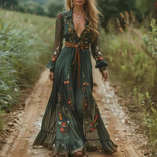 Women's Boho Ruffled Maxi Dress Flowy Tiered Skirt Casual Summer Beach Vacation Long Dress Bohemian Sundress with Ruffle Hem - Seldom Seen Styles