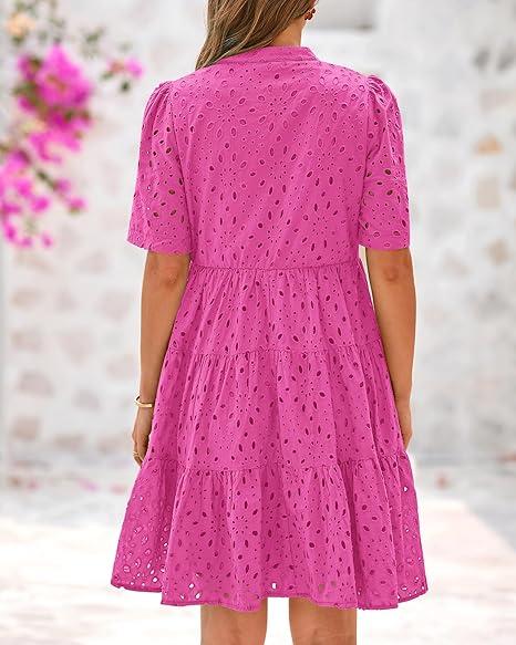 Women's Boho Summer Dresses 2025 Resort V Neck Short Sleeve Hollow Out Lace Ruffle Casual Beach Mini Vacation Dress #springtok - Seldom Seen Styles