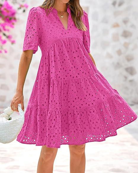Women's Boho Summer Dresses 2025 Resort V Neck Short Sleeve Hollow Out Lace Ruffle Casual Beach Mini Vacation Dress #springtok - Seldom Seen Styles