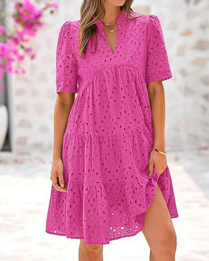 Women's Boho Summer Dresses 2025 Resort V Neck Short Sleeve Hollow Out Lace Ruffle Casual Beach Mini Vacation Dress #springtok - Seldom Seen Styles