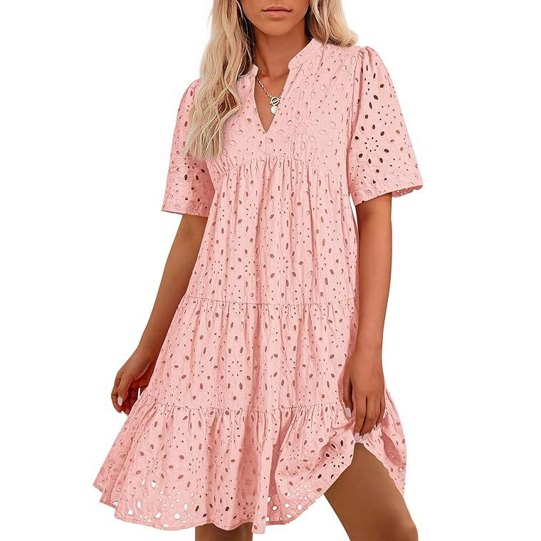 Women's Boho Summer Dresses 2025 Resort V Neck Short Sleeve Hollow Out Lace Ruffle Casual Beach Mini Vacation Dress #springtok - Seldom Seen Styles