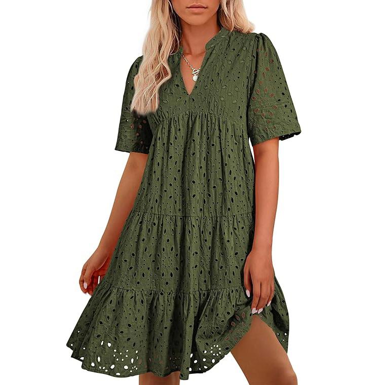 Women's Boho Summer Dresses 2025 Resort V Neck Short Sleeve Hollow Out Lace Ruffle Casual Beach Mini Vacation Dress #springtok - Seldom Seen Styles