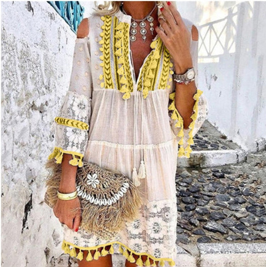 Women's Boho Tassel Mini Dress Embroidered Lace Beach Vacation Dress - Seldom Seen Styles