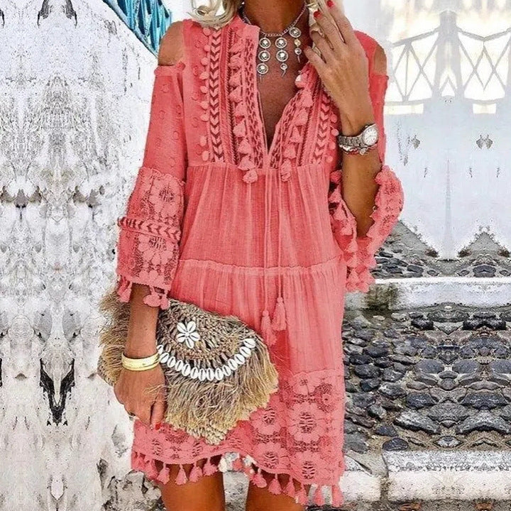 Women's Boho Tassel Mini Dress Embroidered Lace Beach Vacation Dress - Seldom Seen Styles