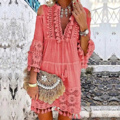Women's Boho Tassel Mini Dress Embroidered Lace Beach Vacation Dress