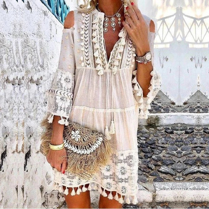 Women's Boho Tassel Mini Dress Embroidered Lace Beach Vacation Dress - Seldom Seen Styles