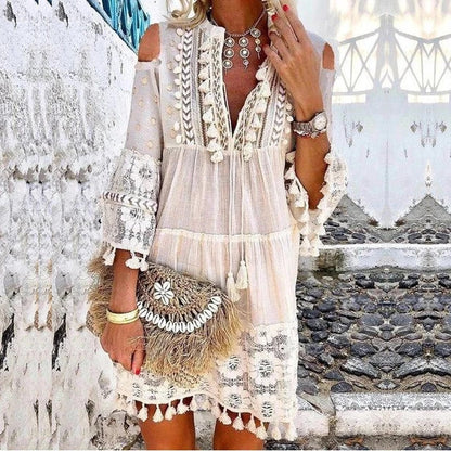 Women's Boho Tassel Mini Dress Embroidered Lace Beach Vacation Dress