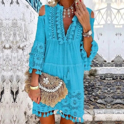 Women's Boho Tassel Mini Dress Embroidered Lace Beach Vacation Dress