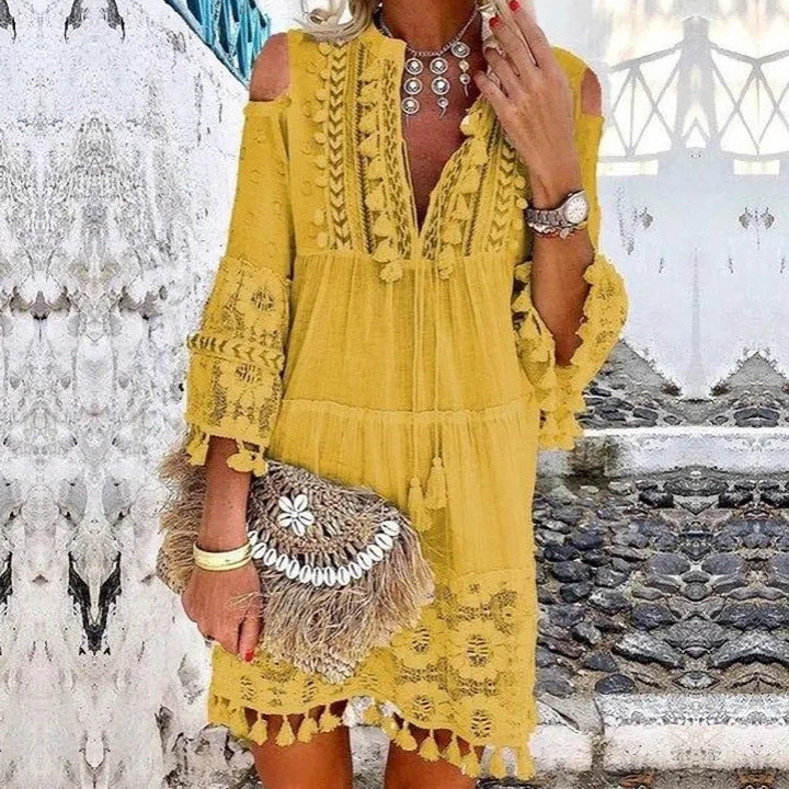 Women's Boho Tassel Mini Dress Embroidered Lace Beach Vacation Dress - Seldom Seen Styles