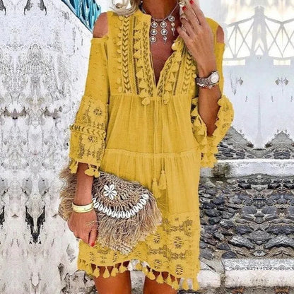 Women's Boho Tassel Mini Dress Embroidered Lace Beach Vacation Dress