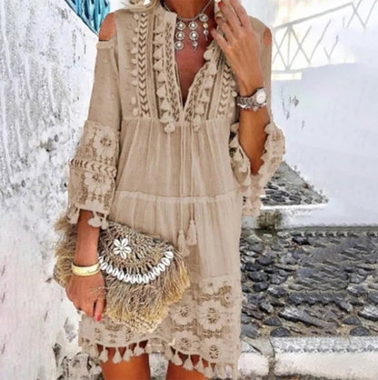 Women's Boho Tassel Mini Dress Embroidered Lace Beach Vacation Dress