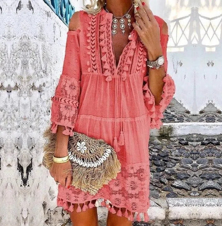 Women's Boho Tassel Mini Dress Embroidered Lace Beach Vacation Dress - Seldom Seen Styles