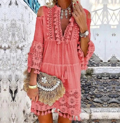 Women's Boho Tassel Mini Dress Embroidered Lace Beach Vacation Dress
